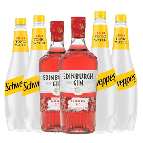 Case of 6 with Edinburgh Raspberry Gin 70cl and Schweppes Tonic Packed Together